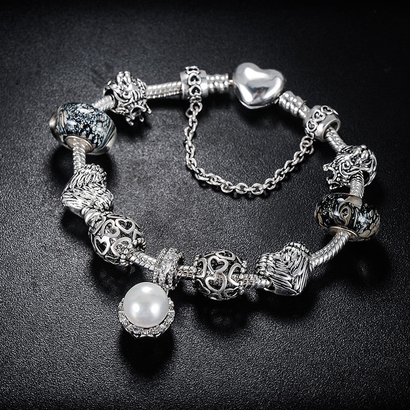 Silver Slide Charm Bracelet with Pearl Charm