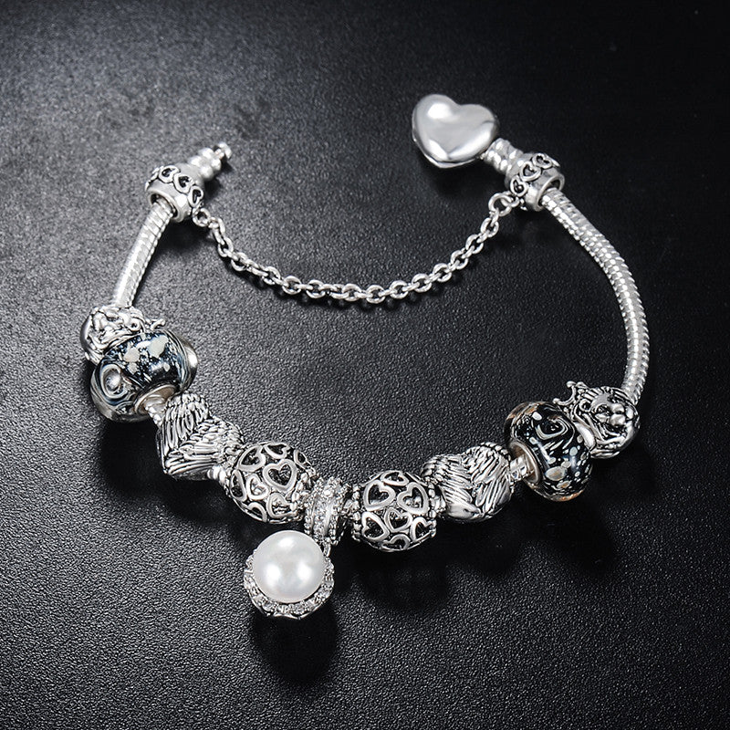 Silver Slide Charm Bracelet with Pearl Charm