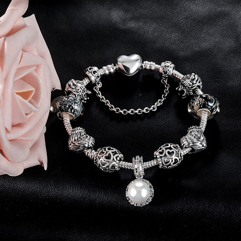 Silver Slide Charm Bracelet with Pearl Charm