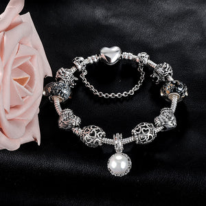 Silver Slide Charm Bracelet with Pearl Charm