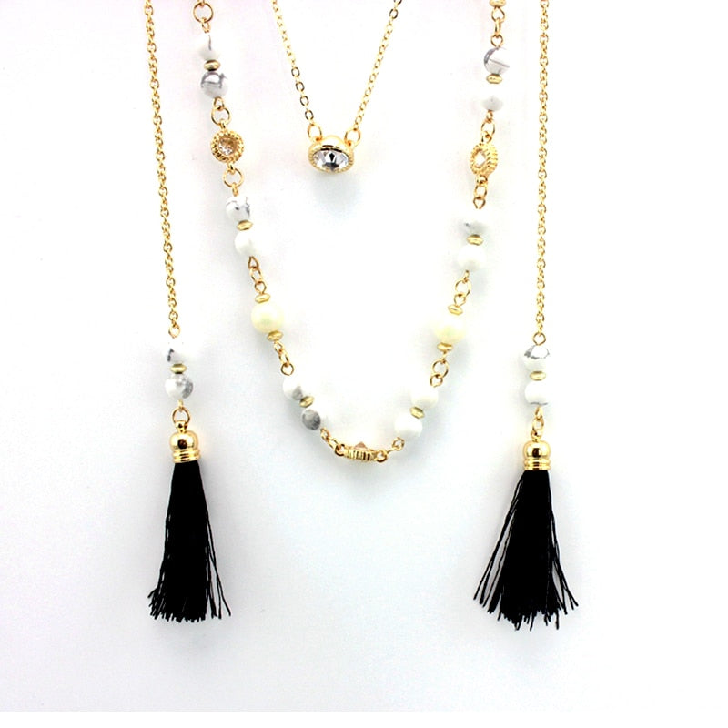 Stone Beads and Tassels Layered Necklace