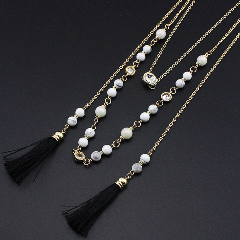 Stone Beads and Tassels Layered Necklace