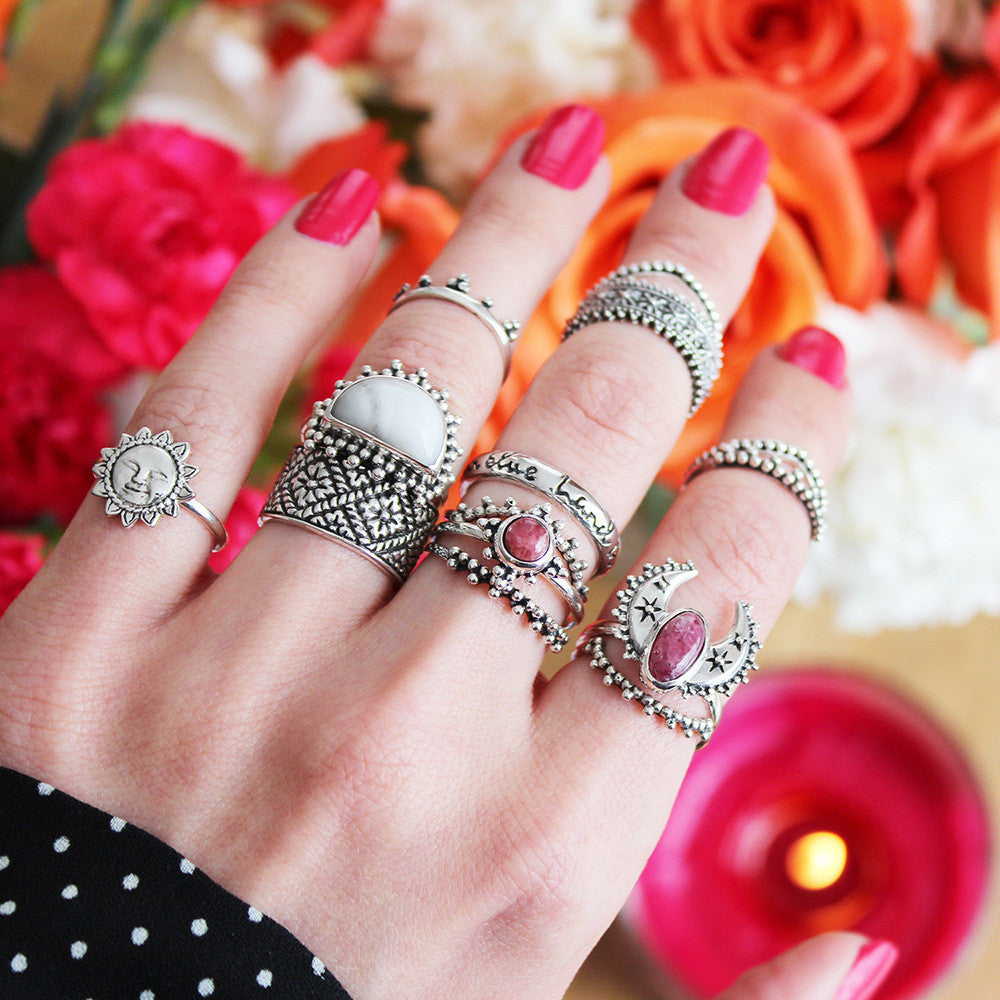 14 Pc. Sun and Stone Stack Ring Set