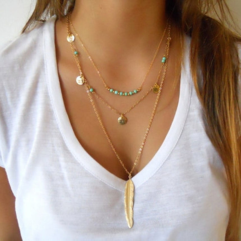 Multi-Layer Gold Feather Necklace