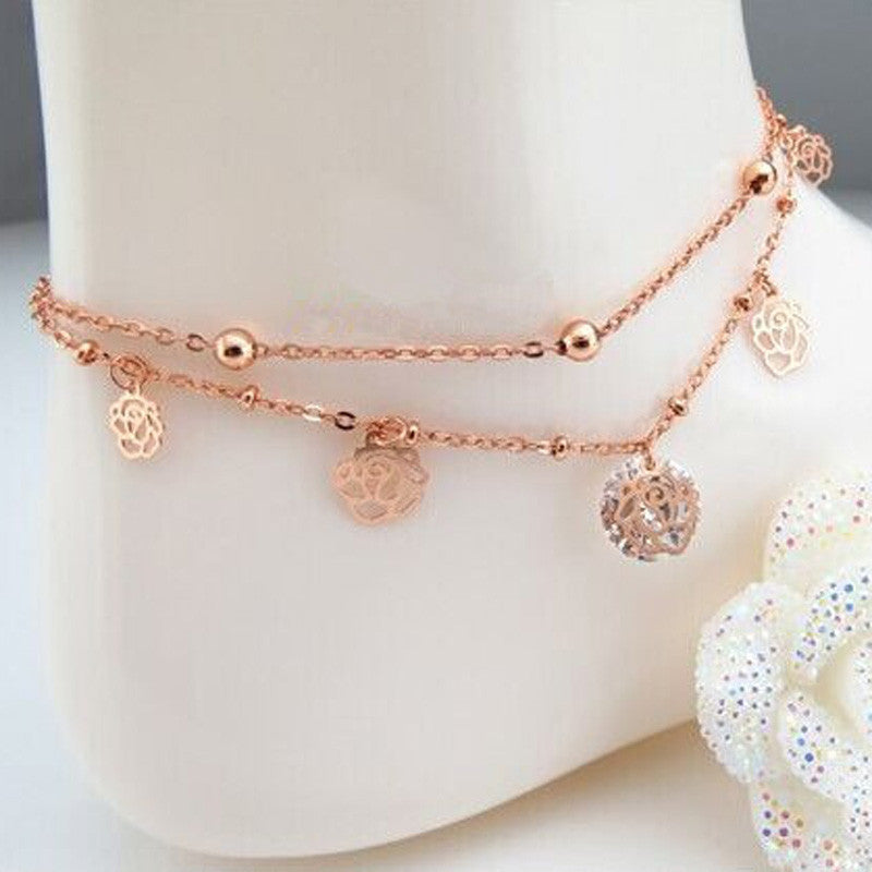 Roses And Beads Gold Anklet