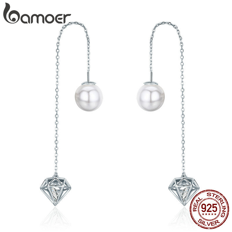 BAMOER Crystal and Pearl Sterling Silver Drop Earrings