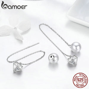 BAMOER Crystal and Pearl Sterling Silver Drop Earrings