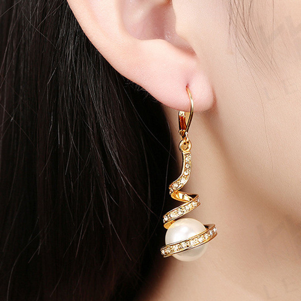 Spiral Pearl Drop Zircon Earrings