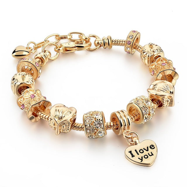 Crystal Heart Bead Charm Bracelet
