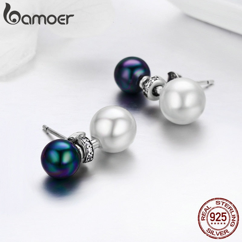 BAMOER Sterling Silver Pearl Pendulum Earrings