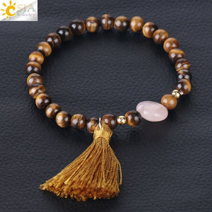 6mm Natural Stone Chakra Bracelet with Heart & Tassel