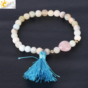6mm Natural Stone Chakra Bracelet with Heart & Tassel