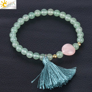 6mm Natural Stone Chakra Bracelet with Heart & Tassel