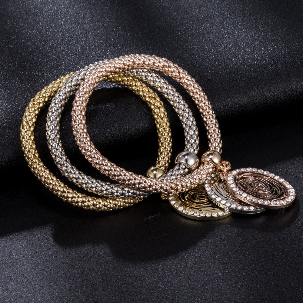Tri Color Oval Charm Bangle Set