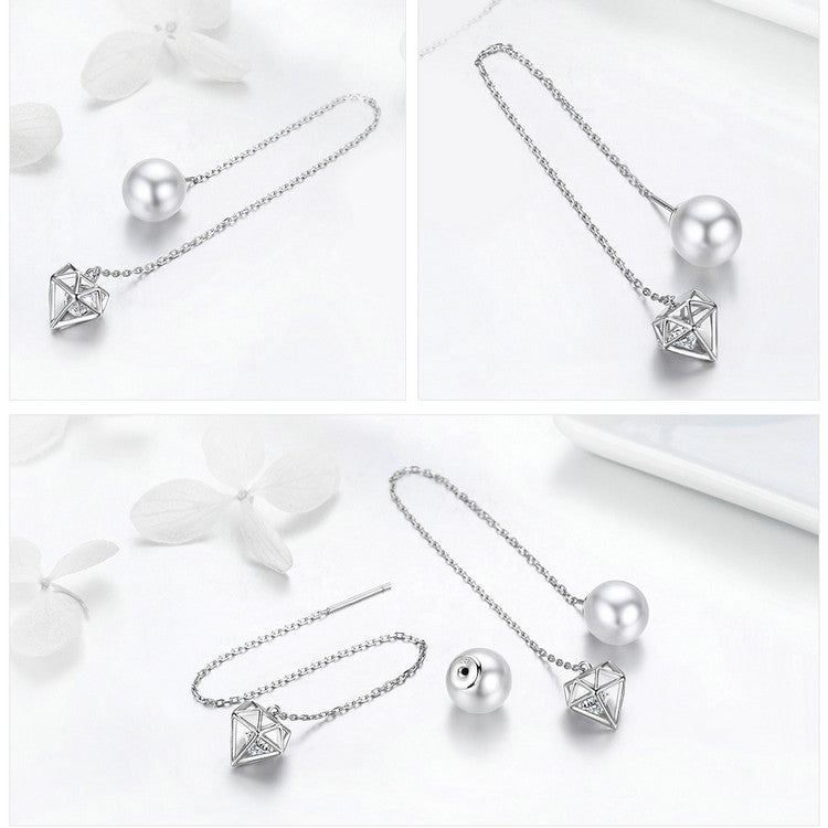 BAMOER Crystal and Pearl Sterling Silver Drop Earrings