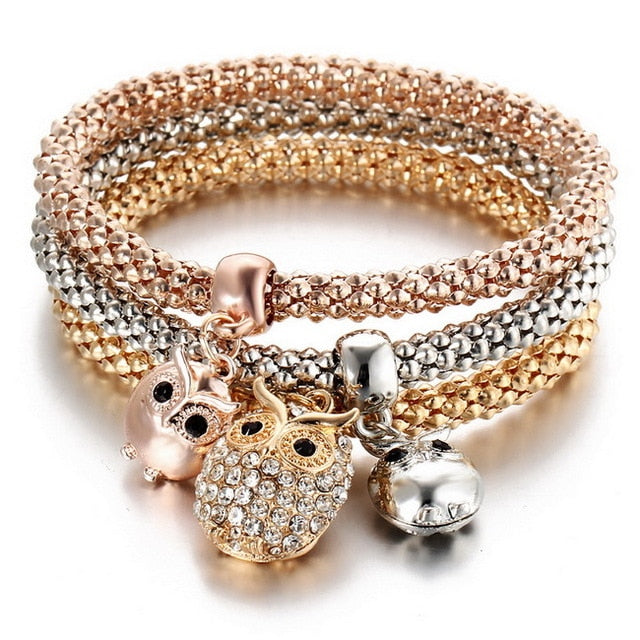 Tri Color Crystal Charm Bangles Set