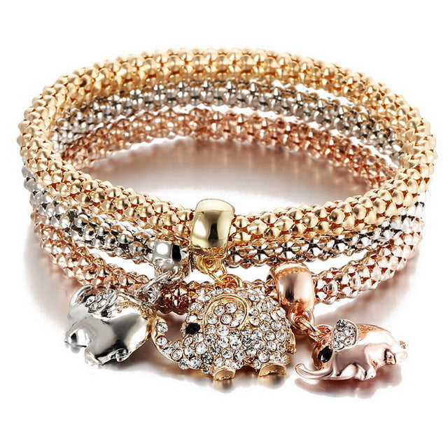 Tri Color Crystal Charm Bangles Set