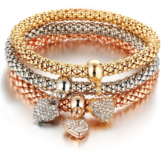 Tri Color Crystal Charm Bangles Set