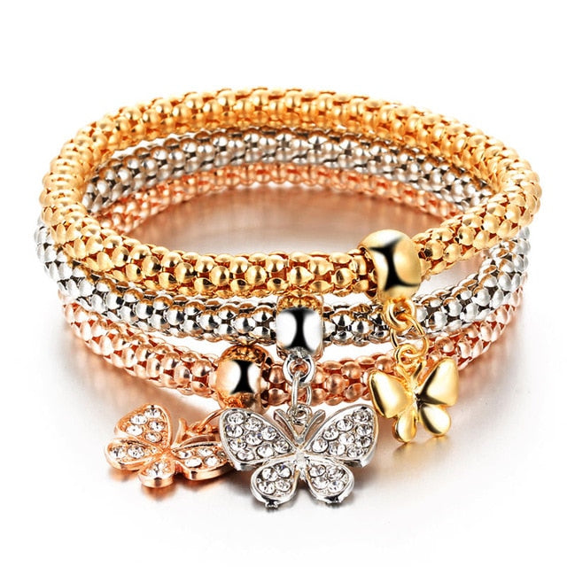 Tri Color Crystal Charm Bangles Set