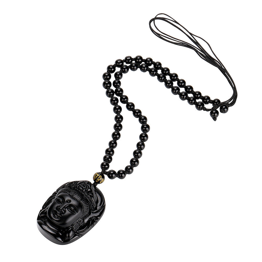 Hand Carved Buddha Obsidian Necklace