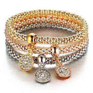 Tri Color Crystal Charm Bangles Set