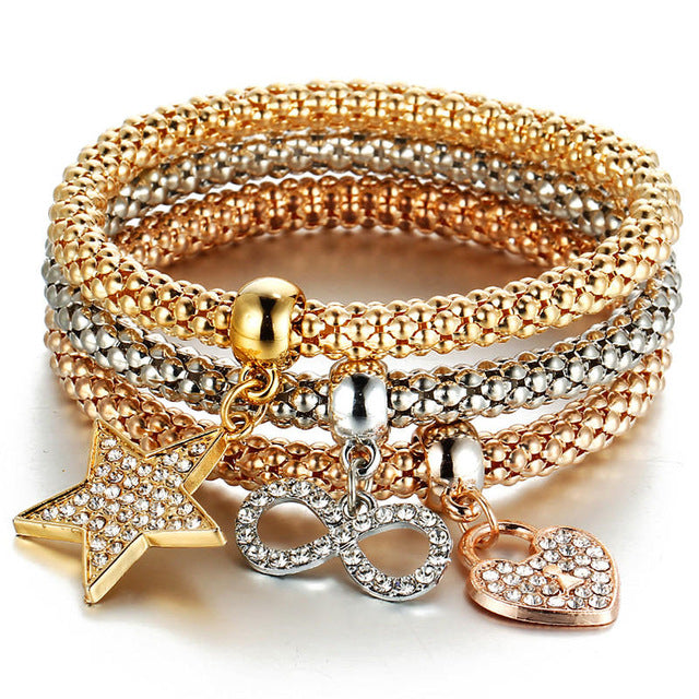 Tri Color Crystal Charm Bangles Set
