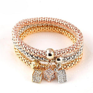 Tri Color Crystal Charm Bangles Set