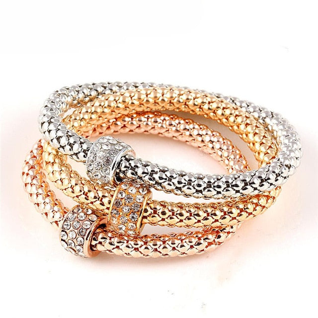 Tri Color Crystal Charm Bangles Set